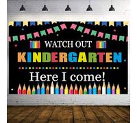 STCREE Telón de fondo para el primer día de escuela de 2.1 x 1.5 m, con texto en inglés "Watch out Kindergarten Here I Come" para niños, profesores, fiesta de regreso a clases, decoración de aula
