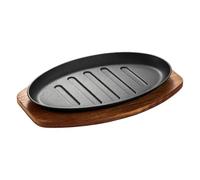 Steak Skillet - 10 Inch Oval BBQ Cast Iron Serving Platter With Wooden Base