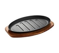 Steak Skillet - Platillo de servidor ovalado de hierro fundido con base de | Grill Plate - 1500 g de hierro + madera | 10 pulgadas para Cooking Grilling Serving Home Kitchen Restaurant Barbacoa Picnic