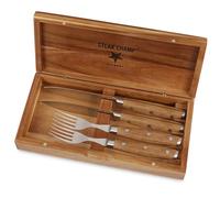 Steakchamp Juego de Cuchillos y Tenedores para Carne, 2 x 2 piezas: Acero Inoxidable y Madera de Acacia, Con Afilado en Microondas, Incl. Caja de Madera