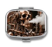 Steam - Pastillero de metal punk con diseño de calavera, organizador de pastillas de viaje, 2 compartimentos, pastillero semanal con espejo, organizador de medicamentos para bolso, bolsillo o cartera