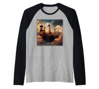 Steampunk Barco Pirata En Las Nubes Pintura Digital Camiseta Manga Raglan