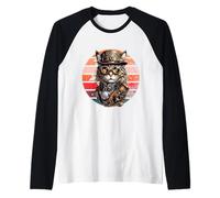 Steampunk Cat Retro Sunset Gafas, Sombrero y Relojes Camiseta Manga Raglan
