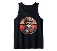 Steampunk Cat Retro Sunset Gafas, Sombrero y Relojes Camiseta sin Mangas