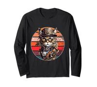 Steampunk Cat Retro Sunset Gafas, Sombrero y Relojes Manga Larga