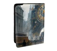 Steampunk City Streets con reloj grande, diseño retro de arquitectura impresa, funda para pasaporte de viaje de piel sintética, organizador para hombres y mujeres, 6.5 pulgadas, Black, Talla única