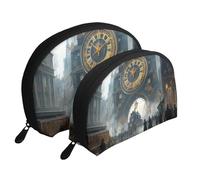 Steampunk City Streets with Big Clock Retro Architecture - Bolsas de maquillaje de 2 piezas, portátil, bolsa de aseo de viaje, White, Talla única