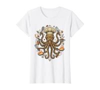 Steampunk Octopus Chef Cook Mechanical Cuisine Camiseta gráfica económica, Mujer, Blanco, XS