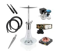 Steamulation Cachimba Ultimate White Matt Metallic Gen.I | Shisha de Acero Inoxidable con 2 Mangueras, Cazoleta de Piedra HMD, 1 kg Carbón Cocobration 27 mm y Hornillo Eléctrico 1000W