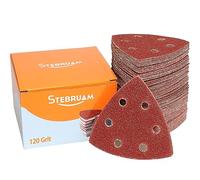 STEBRUAM Triángulo de lijado delta,65 Piezas Papel de Lija Triangular Hojas de Lija Triangulares 6 agujeros 93 x 93 x 93 mm Granos 120 Lijado y Pulido para lijadoras delta