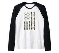 Steel Rain Distressed USA Flag Patriotic Camo Design Camiseta Manga Raglan