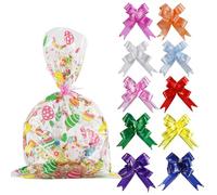 STEFORD 10 bolsas de celofán de Pascua, bolsas de celofán transparente de 61 x 89 cm, bolsas de celofán transparentes grandes con 10 colores para tirar de lazos para contenido, cestas de regalo de