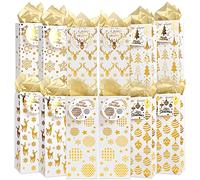 STEFORD Paquete de 12 bolsas de regalo de vino de Navidad, bolsas de botella de vino de lámina dorada con papel de seda y etiquetas de nombre, bolsas de vino de papel de Navidad para Navidad,