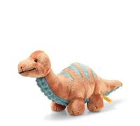 Steiff 087837 Original Bronko Brontosaurus, Soft Cuddly Friends Peluche de aprox. 28 cm, de marca con botón en la oreja, amigo de peluche para bebés desde el nacimiento, naranja oscuro y azul petróleo