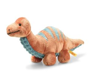 Steiff 087837 Original Bronko Brontosaurus, Soft Cuddly Friends Peluche de aprox. 28 cm, de marca con botón en la oreja, amigo de peluche para bebés desde el nacimiento, naranja oscuro y azul petróleo