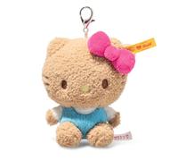 Steiff Colgante de Hello Kitty de 10 cm, Llavero de Peluche con mosquetón, Hello Kitty con Vestido Azul y Blanco, Colgante para Bolso e Idea de Regalo, Lavable a máquina