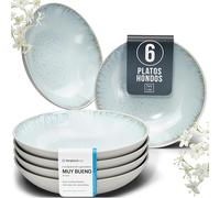 Steingut Suppenteller 6 Pers. Ibiza Hochwertiges Mediterranes TEST SEHR GUT Steingut Tiefe Teller Set - Kratzfest, Für Spülmaschine, Mikrowelle - Pasta Teller Tief Groß - Pure Living in Beige-Blau