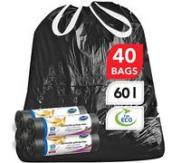 Stella Pack Bolsas de Basura Negras 60l 40 Uds Resistentes con Cierre de Cordón Ecológicas Reciclables Alta Durabilidad Ideales para Basura y Almacenamiento