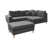 Stella Trading Alice Taburete, tapizado de Tela Antracita, Moderno sofá esquinero con Cojines y Patas de Madera Maciza, ingeniería, 249 x 94 x 175 cm
