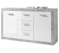 Stella Trading Aparador con acabado en hormigón y blanco de brillo intenso, contemporána cómoda con mucho espacio de almacenamiento para tu salón, 147 x 89 x 37 cm (ancho/alto/profundo)
