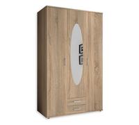 Stella Trading Elegante armario de 3 puertas batientes con mucho espacio de almacenamiento, versátil, con acabado en roble Sonoma y puerta de espejo, 120 x 195 x 55 cm (ancho/alto/profundo)