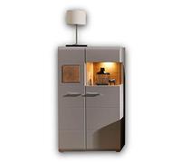 Stella Trading Fun Plus 2 - Vitrina pequeña en basalto con Bonitas Aplicaciones de Madera de Testa, Vitrina de Cristal con iluminación led, 80 x 139 x 37 cm (Ancho x Alto x Profundo)