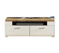 Stella Trading Fun Plus Tablero de TV blanco con bonito estante superior decorado en roble, tablero bajo de calidad para tu salón, 140 x 51 x 47 cm (ancho/alto/profundo)