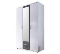 Stella Trading HANAU Armario con puerta de espejo en blanco y grafito, Armario versátil de 3 puertas batientes para tu dormitorio, 120 x 196 x 54 cm (ancho/alto/profundo)