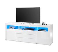 Stella Trading Mueble bajo Goal, Blanco Brillante con iluminación LED Azul, Armario Espacio de Almacenamiento para su salón, Material de Madera, TV-Lowboard 200 cm