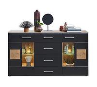 Stella Trading SONATE - Aparador en Aspecto de Madera de Roble Envejecido, Color Negro, Moderna cómoda con cajones e iluminación led, 170 x 93 x 40 cm (Ancho x Alto x Profundo)