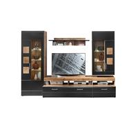 Stella Trading SONATE - Juego Completo de Muebles de Pared en Aspecto de Madera de Roble Envejecido y Negro, Moderno Mueble de Pared con iluminación led para tu Sala de Estar, 330 x 208 x 52 cm