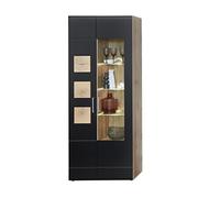 Stella Trading SONATE - Vitrina en Aspecto de Madera de Roble Envejecido, Color Negro, Moderna Vitrina con Puertas e iluminación led, 80 x 208 x 37 cm (Ancho x Alto x Profundo)