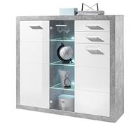 Stella Trading Stone - Aparador Alto en Aspecto de hormigón, Blanco Brillante, Moderno Armario de salón con cajones e iluminación led, 137 x 134 x 37 cm (Ancho x Alto x Profundo)