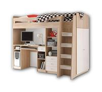 Stella Trading Unit Moderna Cama Alta con Escritorio y Armario, Roble Sonoma Blanco, 90 x 200 cm