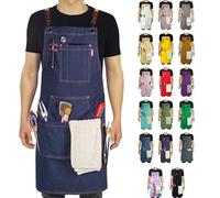 Stenffy Delantal de trabajo hecho a mano, delantal de mezclilla, múltiples bolsillos, delantal ajustable con espalda cruzada, delantal de barbacoa, cafetería, cocina, pintura, carpintero, artista,