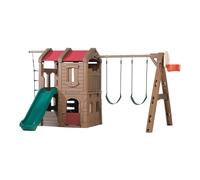 Step 2 naturally Playful adventure Lodge Parque infantil | Zona para ninos de Plastico con Columpio, Tobogan y escalera de cuerda y Canasta de Baloncesto | XXL area de juegos para jardin / exterior