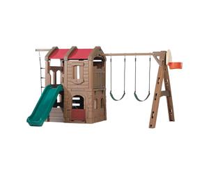 Step 2 naturally Playful adventure Lodge Parque infantil | Zona para ninos de Plastico con Columpio, Tobogan y escalera de cuerda y Canasta de Baloncesto | XXL area de juegos para jardin / exterior