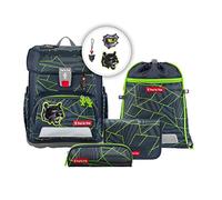 Step by Step Juego de mochila escolar Cloud, 5 piezas, macuto ergonómico con reflectores, altura regulable con cinturón de cadera, a partir de 1ª clase, 19 l, Dark Cat Chiko - Gris-Verde-Negro