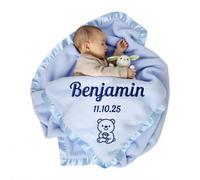 Stepdiy Manta de Bebé Niño Personalizada - Cuna o Primera Piel - Nombre, Animales y Fecha Bordados - Regalo para Baby Shower - Azúl