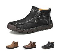 Stepthetop Motorcycle Boots, Men's Casual Leather Shoes, Hand Stitched Mid-Top Loafers, Anti-Slip, for Work, Driving (Black,8)