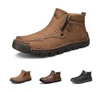 Stepthetop Motorcycle Boots, Men's Casual Leather Shoes, Hand Stitched Mid-Top Loafers, Anti-Slip, for Work, Driving (Khaki(Fleece-Lined),9)