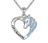 Sterling Silver Forever Love Unicorn in Heart Colgante Collar Señoras Clavícula Cadena Accesorios de joyería Rolo Chain 18 -Silver-One size