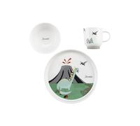 Sterntaler Vajilla de porcelana Dino Rexi - Juego de vajilla con base de silicona antideslizante y extraíble - Vajilla para bebés y niños con plato, cuenco de 400 ml y taza de 200 ml, color blanco