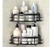 STEUGO 2 piezas con estante de ducha de esquina de baño negro, Sala de ducha colgante de pared pegajosa con 4 ganchos móviles, estante de ducha de baño de acero inoxidable antioxidante