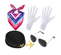 Stewardess Costume Set - 5 Pieces Fun Attendant Photo Props | Airline Stewardess Scarf for Party, New Year, Indoor, Outdoor, Thanksgiving, Holiday, Birthday, Home, Vacation, Valentine’s Day Dress Up