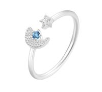 Stfery Anillo abierto de oro blanco de 9 K/14 quilates, diseño de luna y estrella, anillo apilable de zafiro creado en laboratorio para mujer, O 1/2, Metal, Zafiro creado en laboratorio.