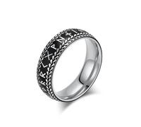 Stfery Anillo de acero inoxidable vintage con runas vikingas para hombre, anillo curvado negro y plateado, 7 mm, X 1/2, Metal, Sin piedra preciosa