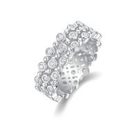 Stfery Anillo de compromiso de eternidad de oro blanco de 18 quilates, oro real, bisel de moissanita, anillo de tres filas personalizado para mujer, P 1/2, Metal, Moissanita Sin piedras preciosas