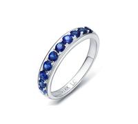 Stfery Juego de anillos de media eternidad de oro blanco de 18 quilates con zafiro azul redondo, anillos de aniversario personalizables, T 1/2, Metal, Sin piedras preciosas