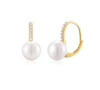 Stfery Pendientes de aro de oro de 9/14/18 quilates con perlas redondas de 9 mm para mujer, de oro auténtico, elegantes aretes de aro con perla redonda de 9 mm, Unique, Metal, Perla Moissanita